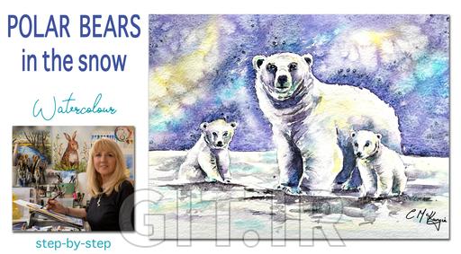 Polar Bears in Snow. Watercolour Masterclass with Carrie McKenzie. Animal Painting - Beginners