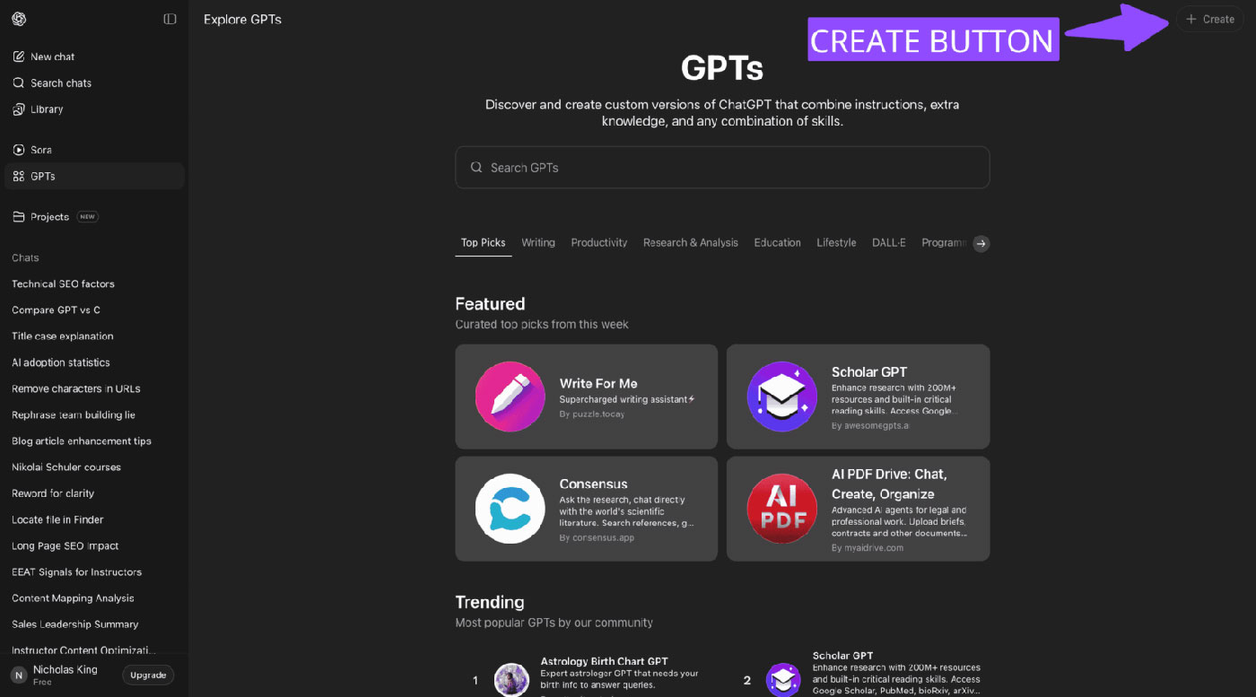 Custom GPT - Create button