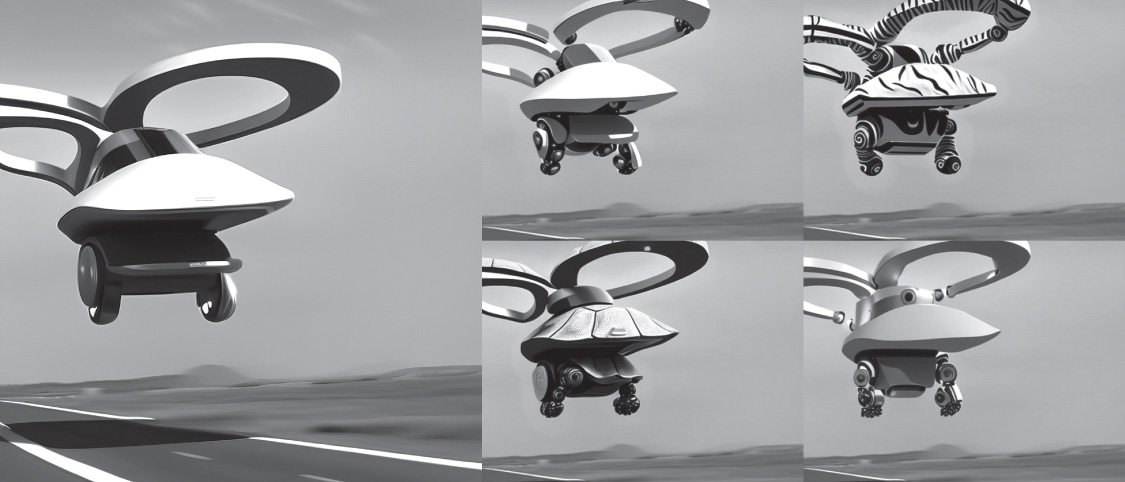 AI-generated designs of a flying car that resemble a dragonfly, a tiger, a tortoise, and an eagle